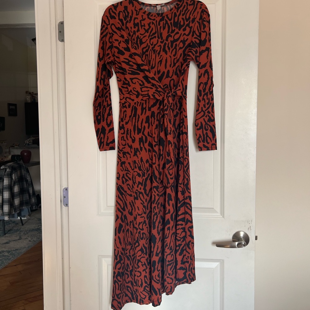 ASOS DESIGN Tie Waist Maxi Dress in Animal Print, long sleeve, asymmetric hem